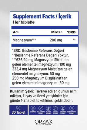 ExtraMag Üçlü Kombinasyon Magnezyum 200 mg Takviye Edici Gıda 30 Tablet Image 1
