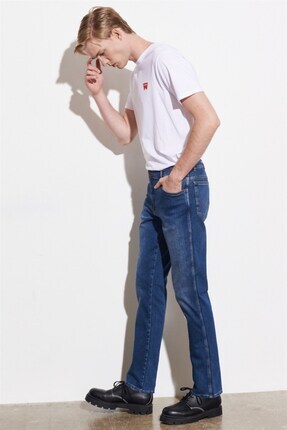 Straight Fit Düz Kesim Düz Paça Normal Bel Erkek Mavi Texas Pamuklu Esnek Jean Denim Kot Pantolon Image 4