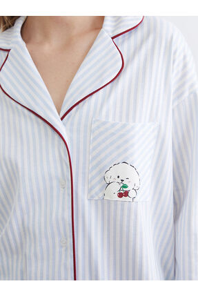 Mavi Gömlek Yaka Çizgili Kadın Pijama Takımı Image 7