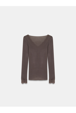 32311 Dantelli Kaşmir Bluz-Kahve Image 5