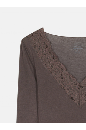 32311 Dantelli Kaşmir Bluz-Kahve Image 6