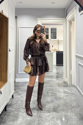 Etnik Desen Eteği Kat Kat Astarlı Şifon Elbise Kahverengi Image 5