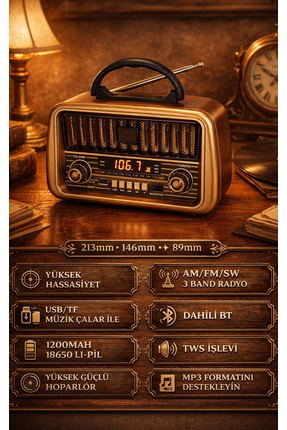Retro Tasarım Şarj Edilebilir Radyo ve Bluetooth Hoparlör - SD Kart - FM Radyo Image 1