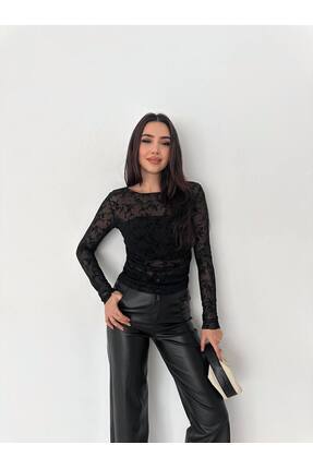 Kadın Transparan Kayık Yaka Flok Baskılı Tasarım Tül Bluz Image 1