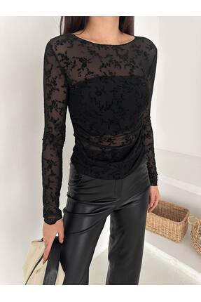 Kadın Transparan Kayık Yaka Flok Baskılı Tasarım Tül Bluz Image 0