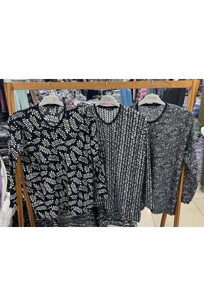 Yumoş Kadifemsi Süet Desenli Battal Bluz Siyah Beyaz Desen Image 1