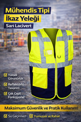 Mühendis Tipi İkaz Yeleği Sarı Lacivert – Reflektörlü, Çok Cepli İş Güvenliği Yeleği Image 0