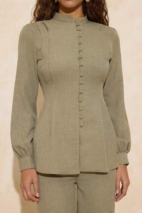 Haki Keten Görünümlü Düğme Detaylı Dokuma Alt - Üst Takım TCTSS26US00001 Image 2