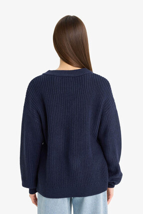 Oversize V Yaka Triko Lacivert Kadın Kazak Z7135AZ/NV207 Image 4