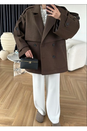 TREND KISA KUŞAKLI KADIN KAŞE KABAN / KIŞLIK KISA TRENÇKOT CEKET Image 2