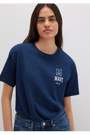 Logo Nakışlı Lacivert Tişört Loose Fit / Bol Rahat Kesim 1613467-70488 Image 2