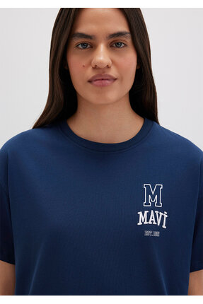 Logo Nakışlı Lacivert Tişört Loose Fit / Bol Rahat Kesim 1613467-70488 Image 5