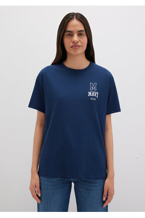 Logo Nakışlı Lacivert Tişört Loose Fit / Bol Rahat Kesim 1613467-70488 Image 3