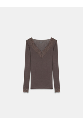 32311 Dantelli Kaşmir Bluz-Kahve Image 4