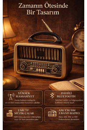 Retro Tasarım Şarj Edilebilir Radyo ve Bluetooth Hoparlör - SD Kart - FM Radyo Image 0