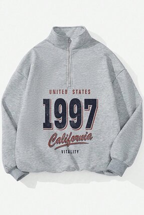 Unisex Yarım Fermuar Dik Yaka Gri 1997 Baskılı Oversize Gri Kışlık Sweatshirt Image 1