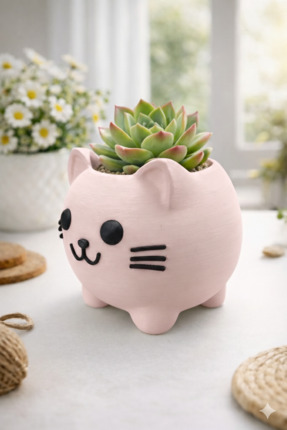 Sevimli Kedi Tasarımlı Mini Sukulent Kaktüs Bitki Saksısı Pembe Image 1
