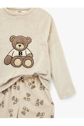 Uzun Kollu Bisiklet Yaka Ayıcık Detaylı Polar Pijama Takımı Image 2