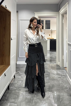 Kemerli Puantiyeli Yırtmaçlı Kat Kat Etek Siyah Image 3