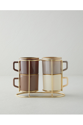 Brownfall Cam Standlı ve 4’lü Kupa 180 ml Kahverengi-Gold Image 0
