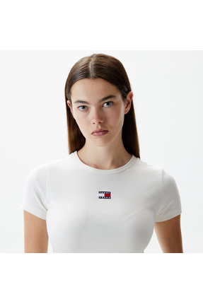 Tommy Jeans Slim Badge Rib Kadın Beyaz T-Shirt Image 3
