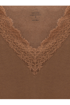 32311 Dantelli Kaşmir Bluz-Koyu Vizon Image 6