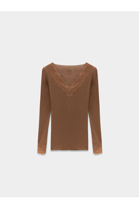 32311 Dantelli Kaşmir Bluz-Koyu Vizon Image 4