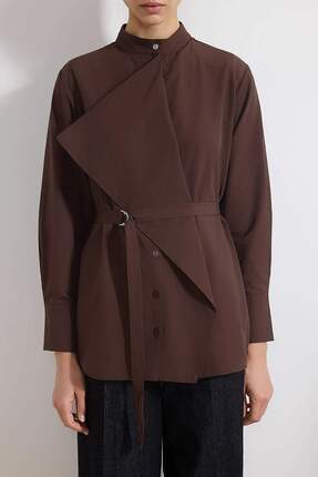 Kahverengi Pamuklu Kumaş Belde Kemer Ve Yaka Detaylı Dokuma Gömlek TCTSS26TG00010 Image 2