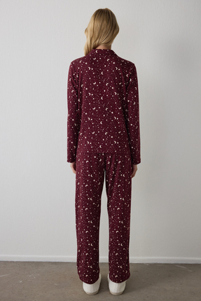 Bordo Starry Night Gömlek Pantolon Pijama Takımı Image 4