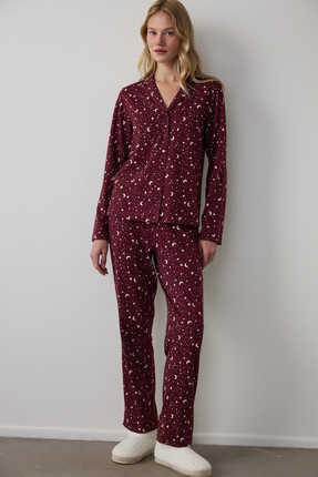 Bordo Starry Night Gömlek Pantolon Pijama Takımı Image 0