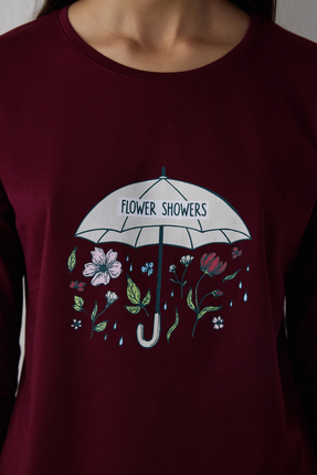 Bordo Flower Showers Pantolon Pijama Takımı Image 2