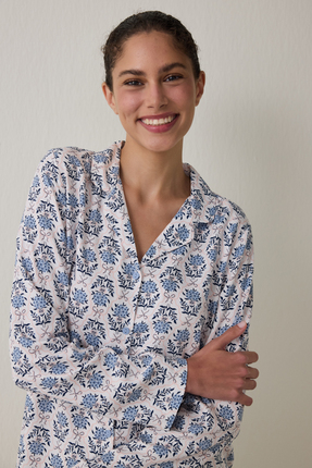 Açık Mavi Blue Flowers Uzun Kollu Gömlek Pijama Takımı Image 1