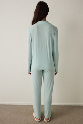 Mint Fitilli Gömlek Yaka Düğmeli Uzun Kollu Sürdürülebilir Viskon Pijama Takımı Image 1
