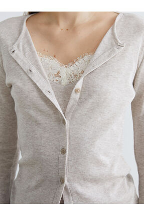 Bej Bisiklet Yaka Dantel Detaylı Kadın Body Image 4