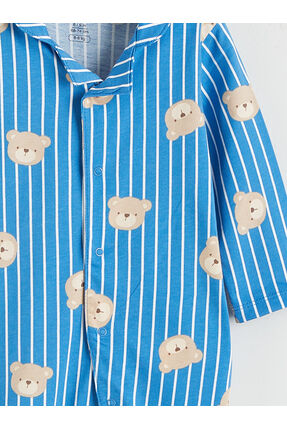 Mavi Gömlek Yaka Ayıcık Baskılı Erkek Bebek Tulum Image 2