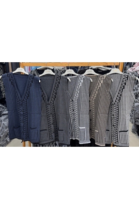 Kadın Triko Anne Yeleği Düğmeli Cepli Klasik Siyah Beyaz Desen Image 1