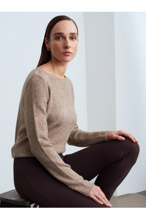 10836 Yün Karışımlı Parıltılı Kayık Yaka Kazak-Açık Vizon Image 0