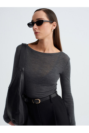 32482 %100 Yün Kayık Yaka Top-Füme M. Image 0