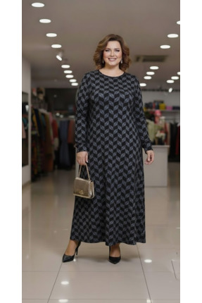 Kadın Menekşe Battal Beden Kışlık Elbise Siyah-Gri Desen Image 1
