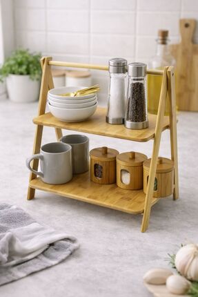 Portatif Ayaklı 2 Katlı Ahşap Bambu Organizer Raf | Mutfak & Banyo Tezgah Üstü Düzenleyici Image 1