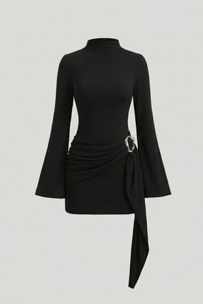 Kadın Dik Yaka Toka Detaylı Kuşaklı Toparlayıcı Kalıp Mini Elbise Image 0