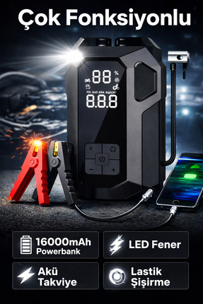 Profesyonel 16000mAh Akü Takviye Cihazı | Kompresörlü 4’ü 1 Arada Jump Starter Image 1