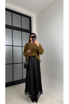 Kadın Şık parlak Saten Kemeri Lastikli 95cm Kloş Maxi Boy Etek Dantelli Image 3