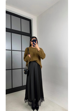 Kadın Şık parlak Saten Kemeri Lastikli 95cm Kloş Maxi Boy Etek Dantelli Image 2