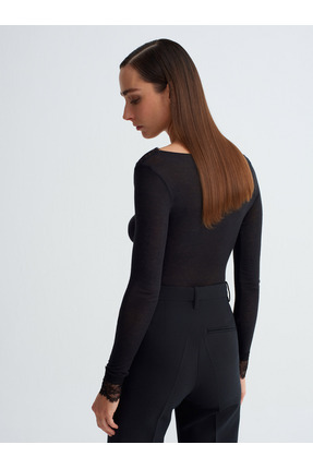 32311 Dantelli Kaşmir Bluz-Siyah Image 1