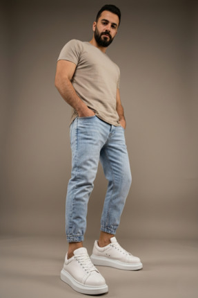 Beyaz Vegan Deri Bağcıklı Yüksek Tabanlı Erkek Sneaker Image 0