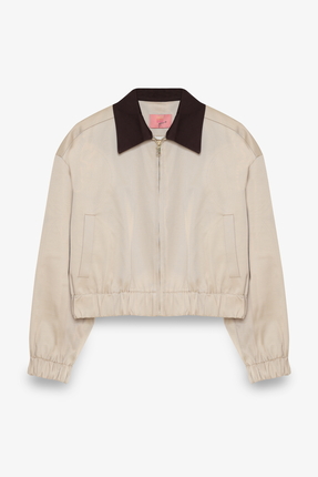 Kontrast Yaka Fermuarlı Bomber Ceket Bej Image 0