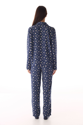 Koyu Mavi Pretty Flowers Gömlek Pantolon Pijama Takımı Image 3