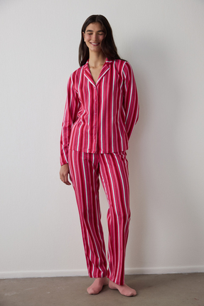 Fuşya Bloom Stripes Gömlek Pantolon Pijama Takımı Image 0