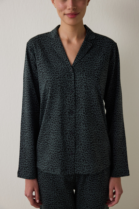 Siyah Dark Leopard Pamuklu Gömlek Pantolon Pijama Takımı Image 3